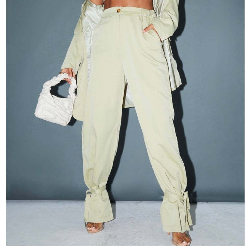 Pale Olive Tailored Waist Tie Hem Pants